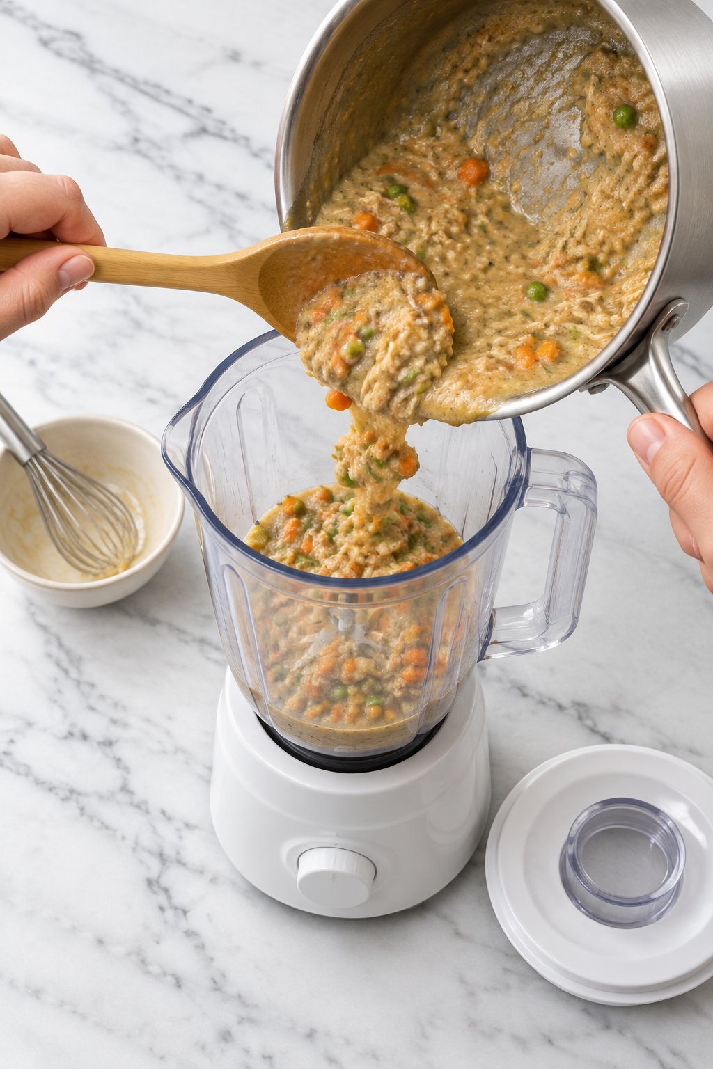 The cooled chicken and vegetable mixture being spooned from the saucepan into a blender jar.