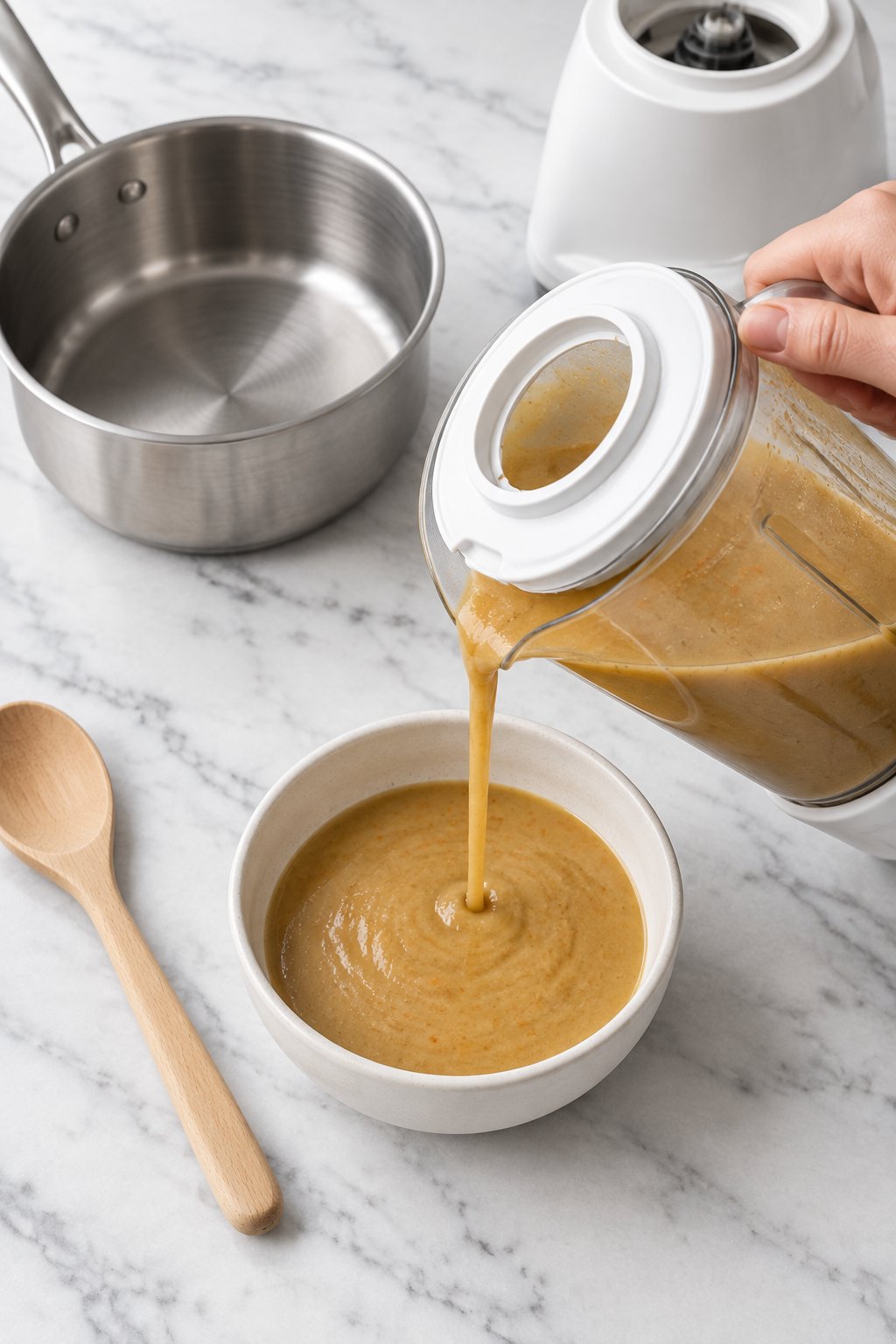 Smooth light-brown dog gravy being poured from a blender jar into an ivory bowl beside an empty saucepan.