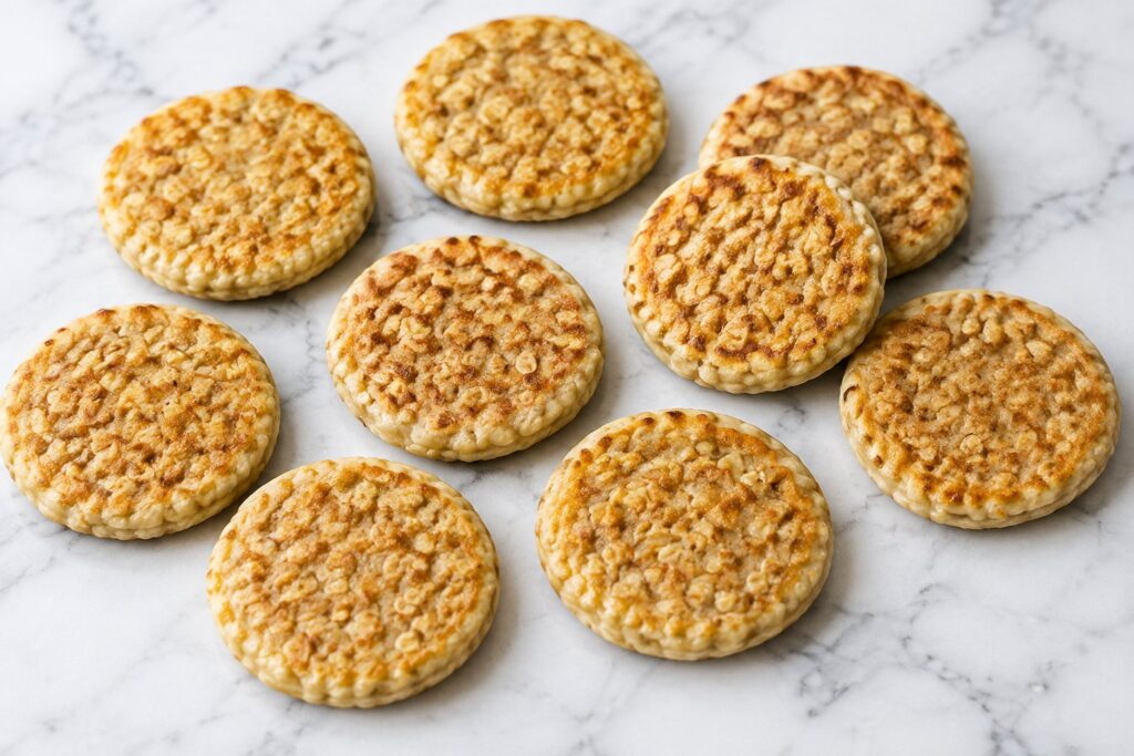 Finished small round banana oat pancakes, golden and oat-speckled arranged on a white marble tabletop.