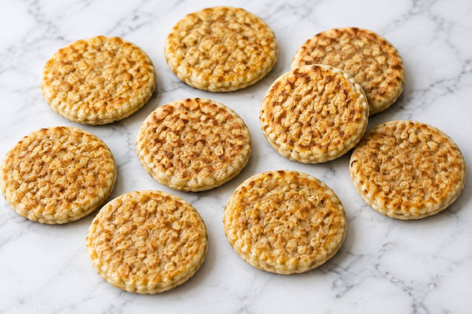 Finished small round banana oat pancakes, golden and oat-speckled arranged on a white marble tabletop.