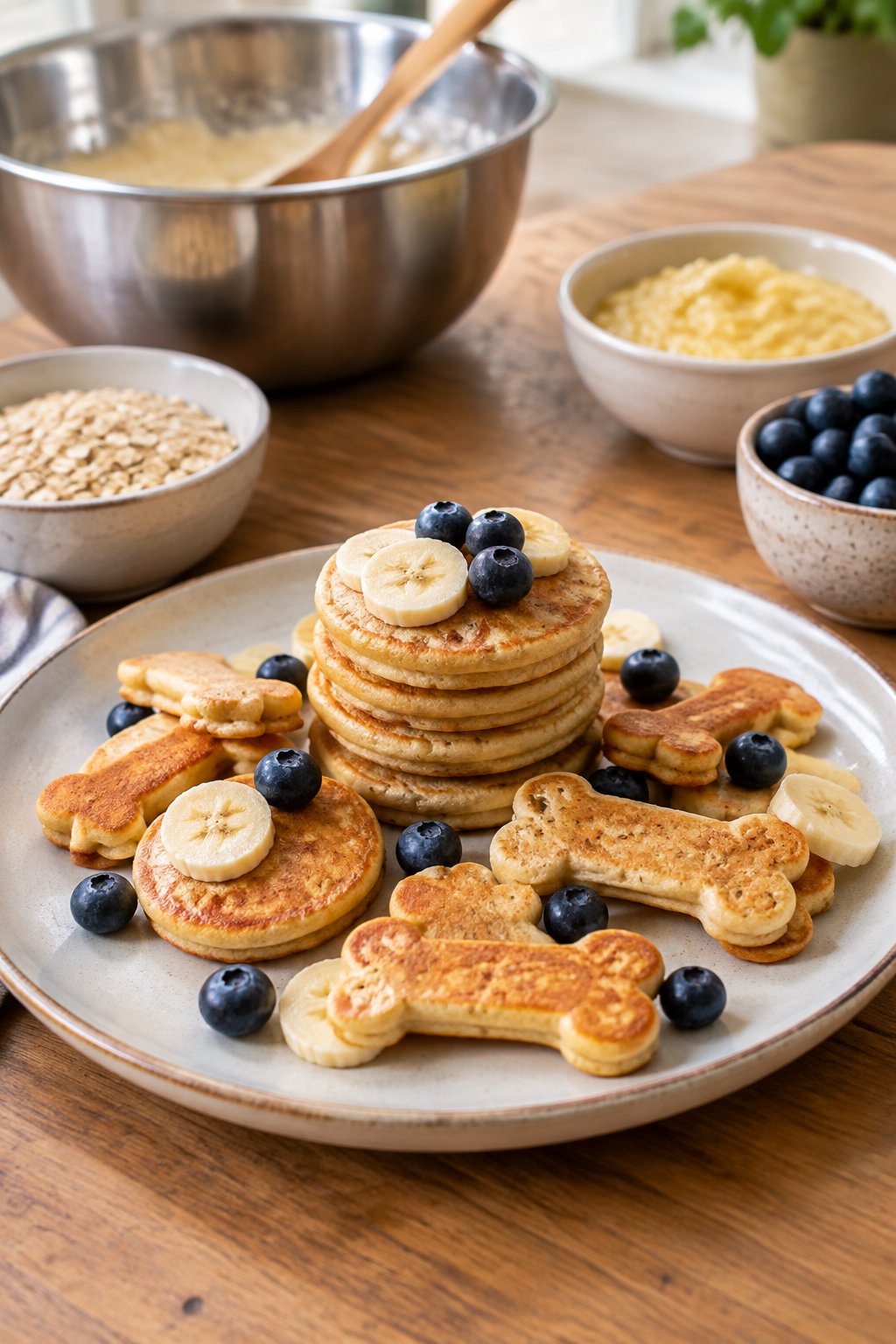 A plate of small homemade dog pancakes with banana slices and blueberries on a kitchen table.