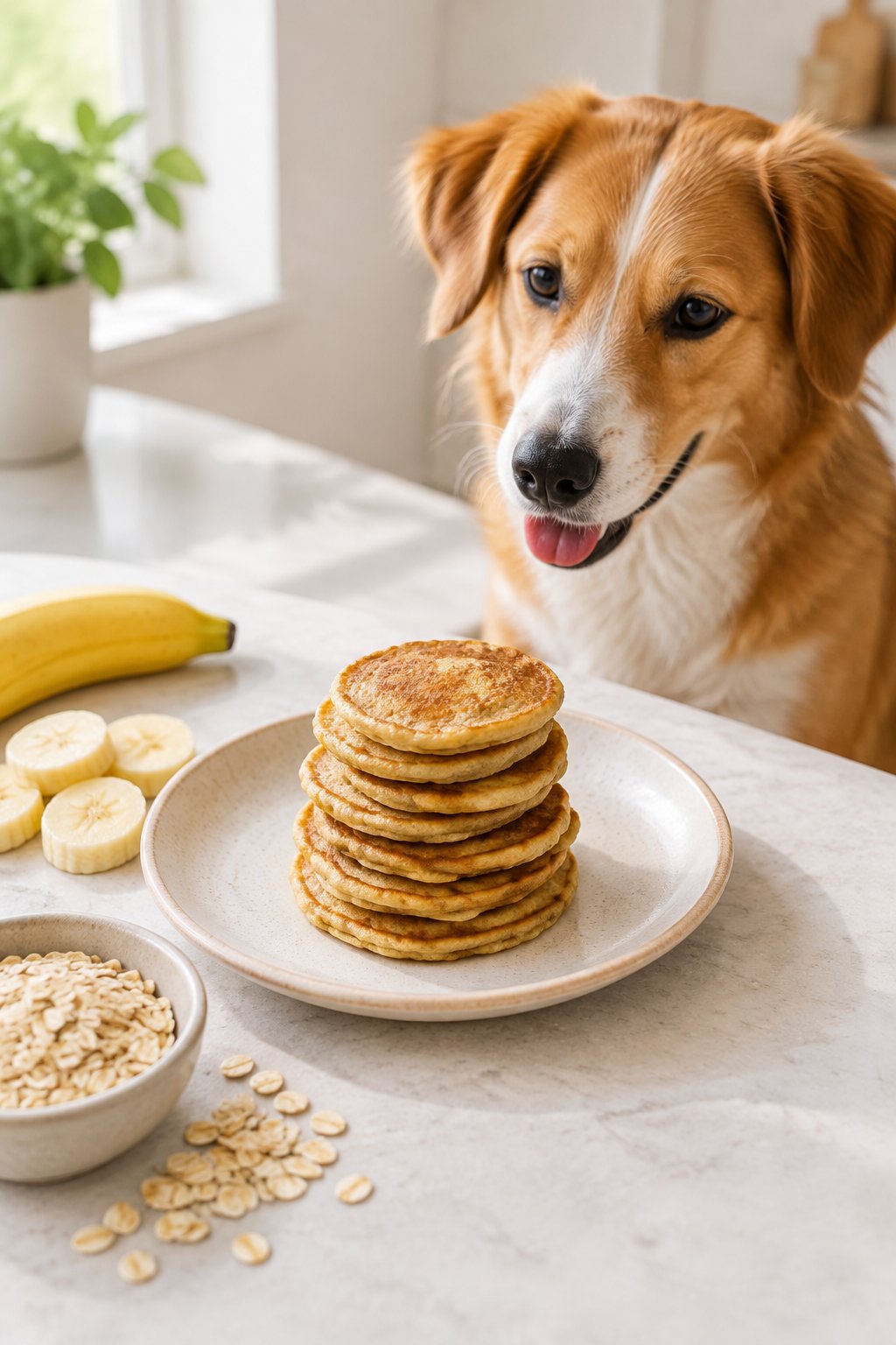 A dog sits beside a plate of small banana oat pancakes with banana slices and oats nearby.