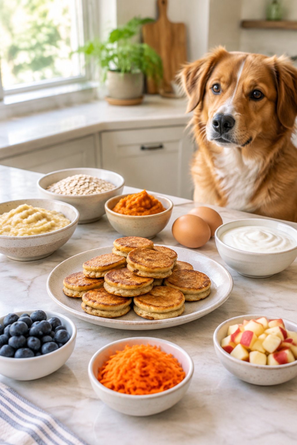 A dog sits beside a plate of homemade pancakes surrounded by safe fruits, vegetables, oats, eggs, and yogurt.