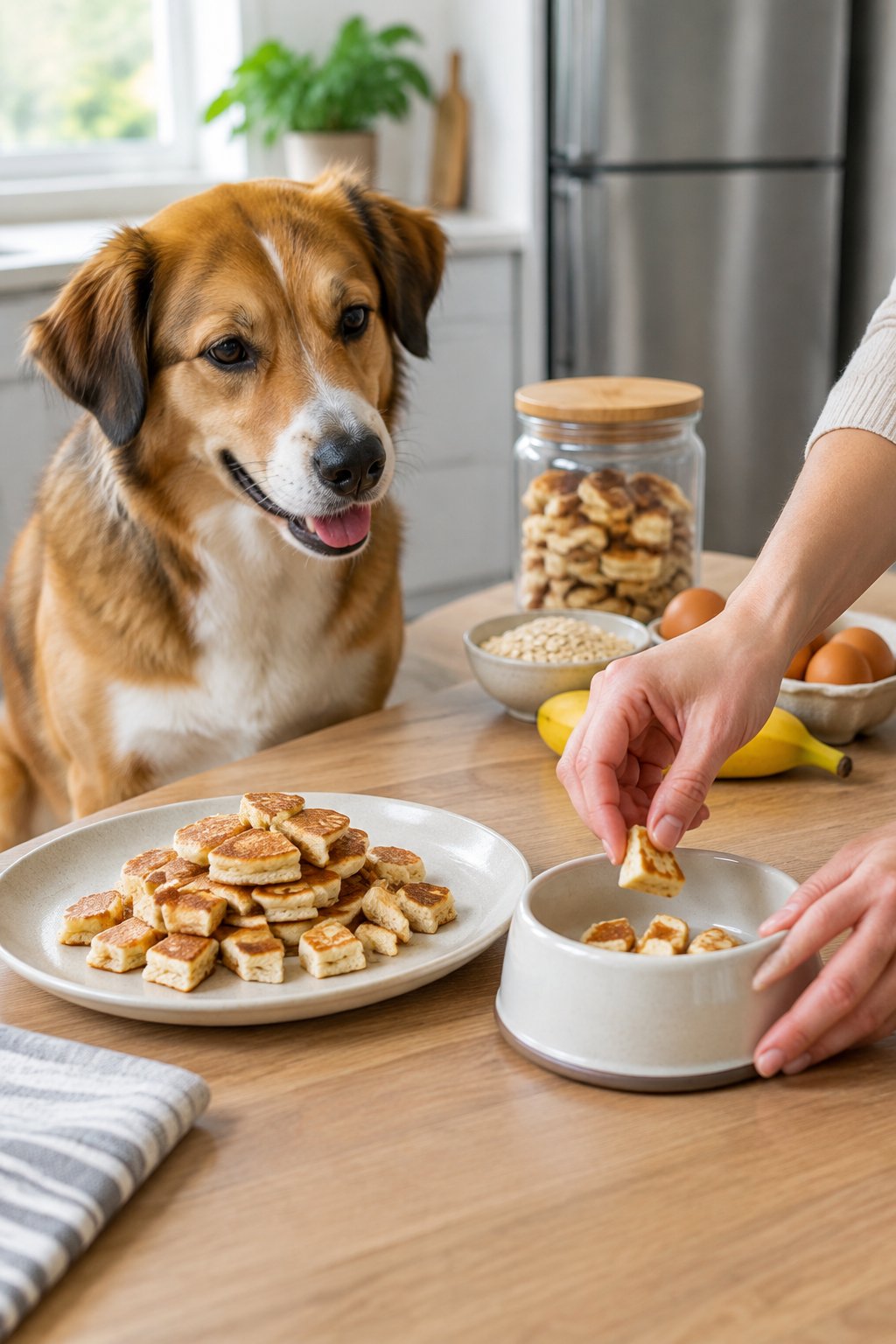 A dog watches as a person serves small homemade pancakes in a pet bowl beside a sealed container of extra pancakes.
