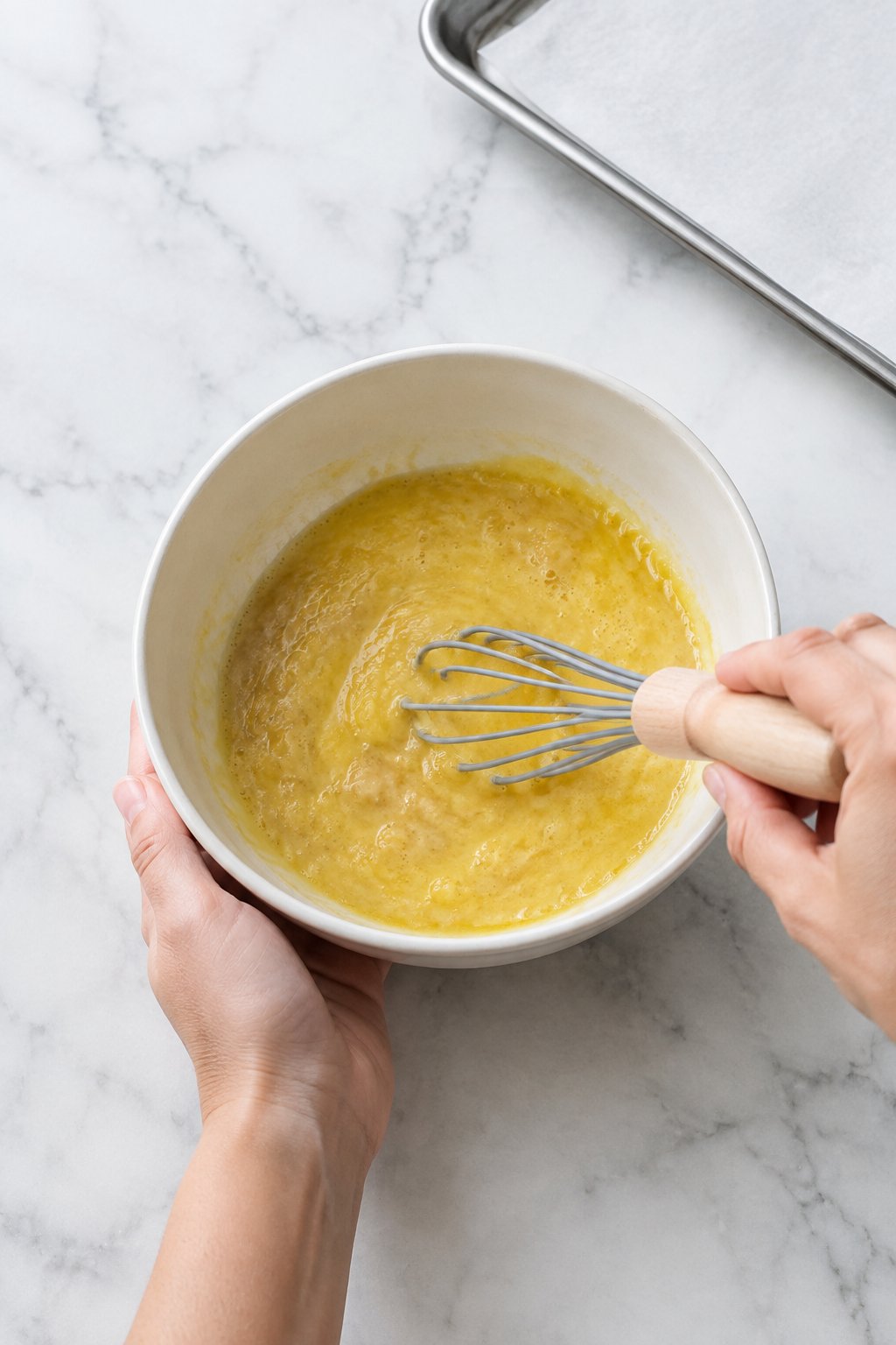 Whisk the mashed banana and egg until evenly combined. Easy Homemade Dog Pancakes dog treats prepared on a white marble counter with soft natural daylight.