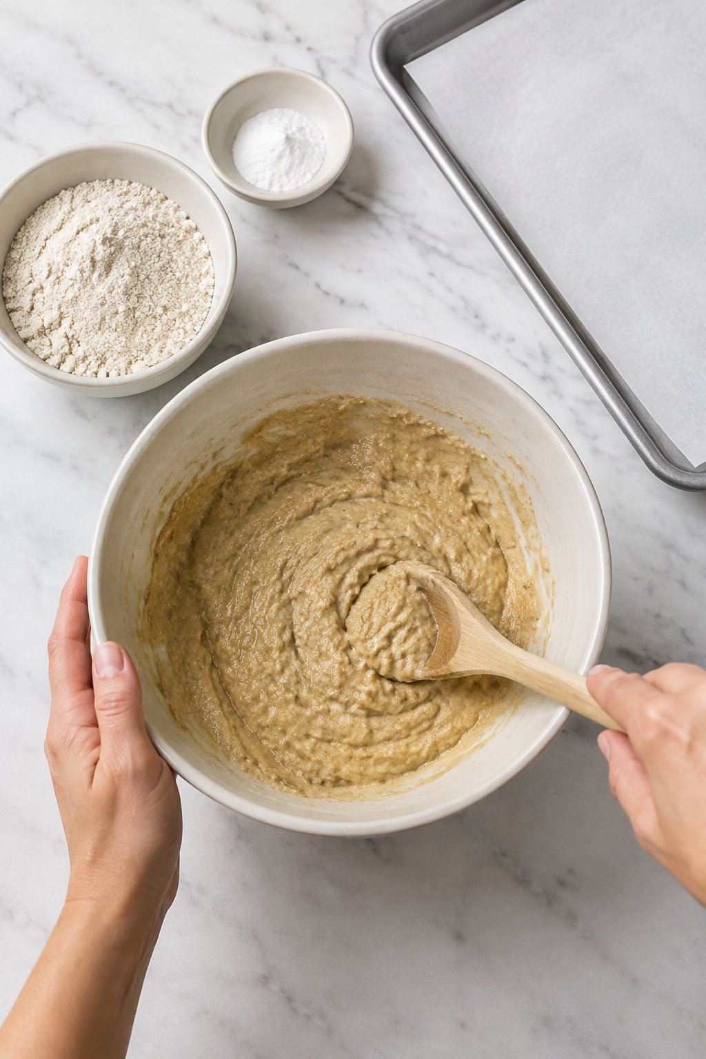 Stir in the oat flour and baking powder. Easy Homemade Dog Pancakes dog treats prepared on a white marble counter with soft natural daylight.