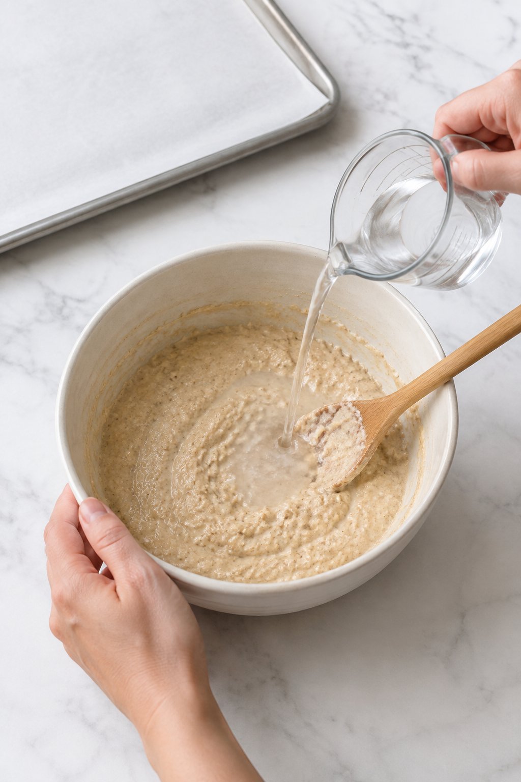 Add 1/4 cup water and rest the batter for 2 minutes. Easy Homemade Dog Pancakes dog treats prepared on a white marble counter with soft natural daylight.
