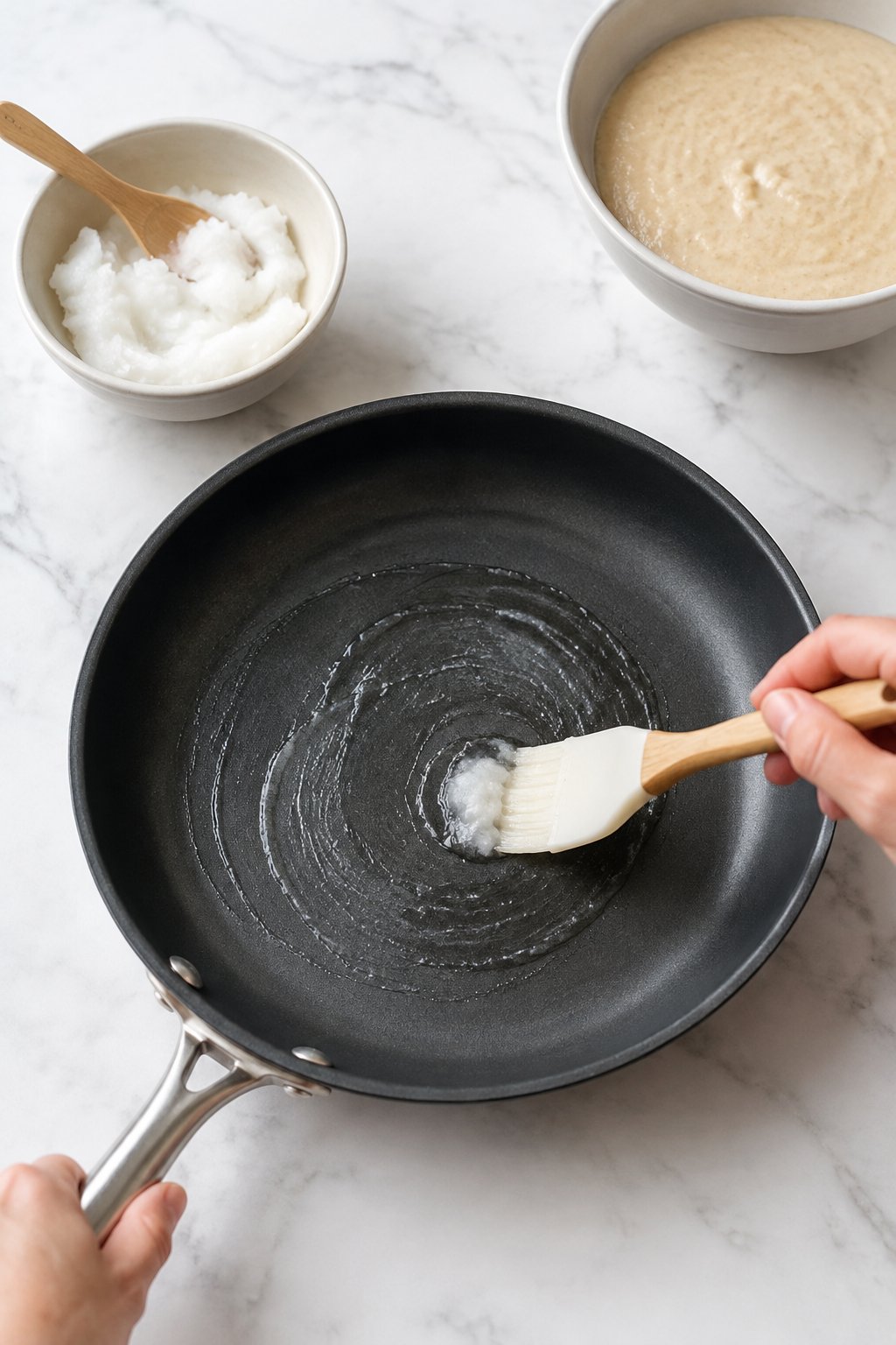 Heat your nonstick skillet to about 325°F, then coat it lightly with coconut oil. Easy Homemade Dog Pancakes dog treats prepared on a white marble counter with soft natural daylight.