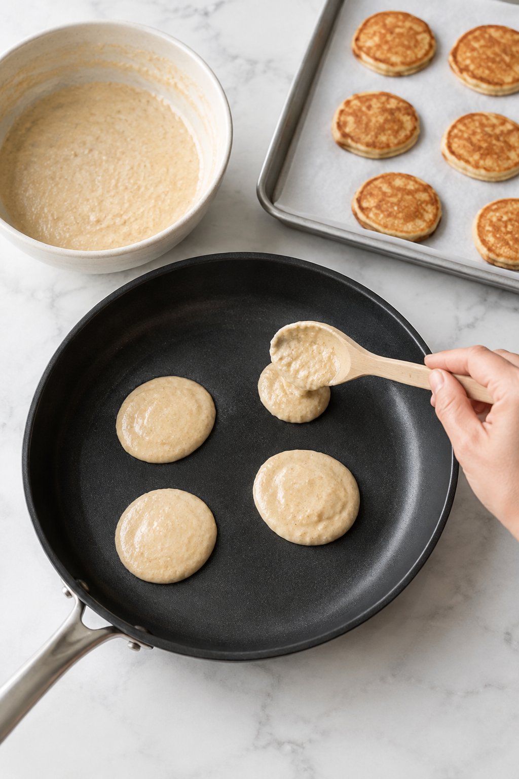 Spoon 1 tablespoon of batter into the pan for each pancake. Easy Homemade Dog Pancakes dog treats prepared on a white marble counter with soft natural daylight.