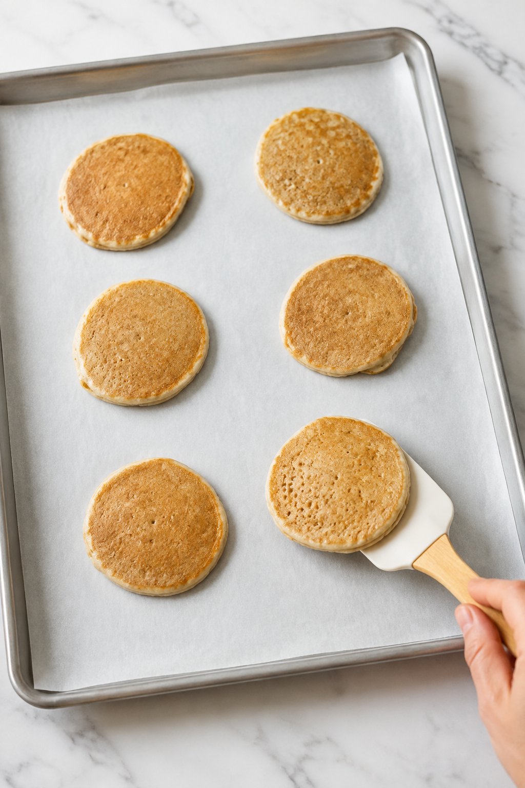 Cook for 2 to 3 minutes, until the edges look dry and small bubbles appear. Easy Homemade Dog Pancakes dog treats prepared on a white marble counter with soft natural daylight.