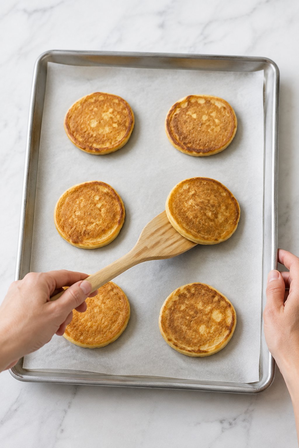 Flip each pancake and cook for another 1 to 2 minutes. Easy Homemade Dog Pancakes dog treats prepared on a white marble counter with soft natural daylight.