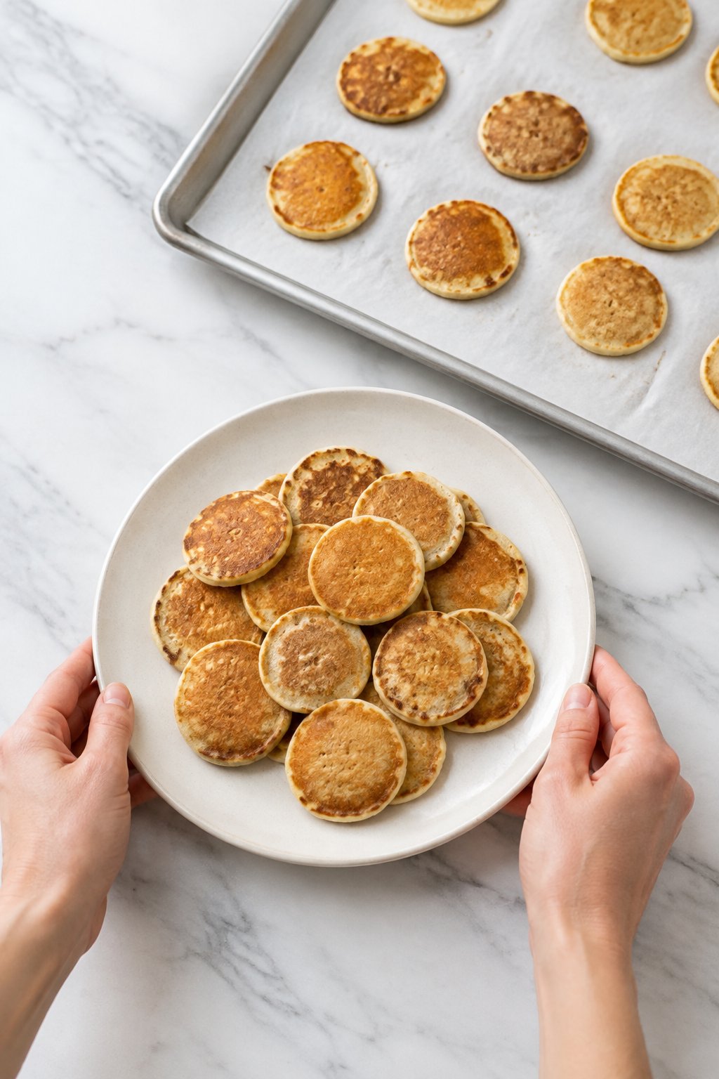 Transfer the pancakes to a plate and let them cool completely before serving. Easy Homemade Dog Pancakes dog treats prepared on a white marble counter with soft natural daylight.