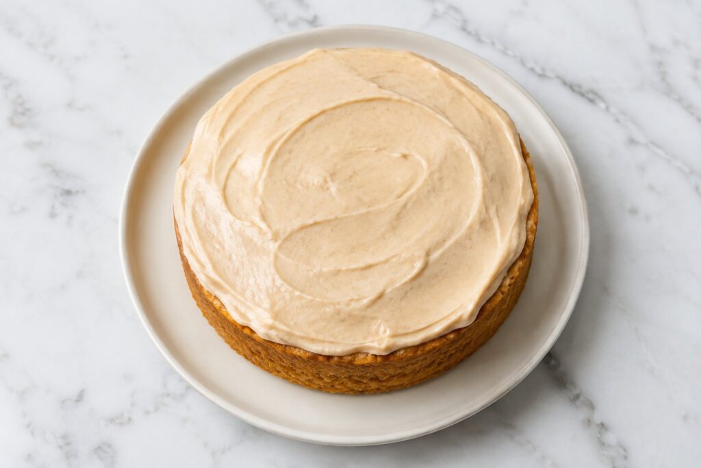 A homemade peanut butter dog cake with smooth pale tan yogurt frosting on an ivory plate on white marble.
