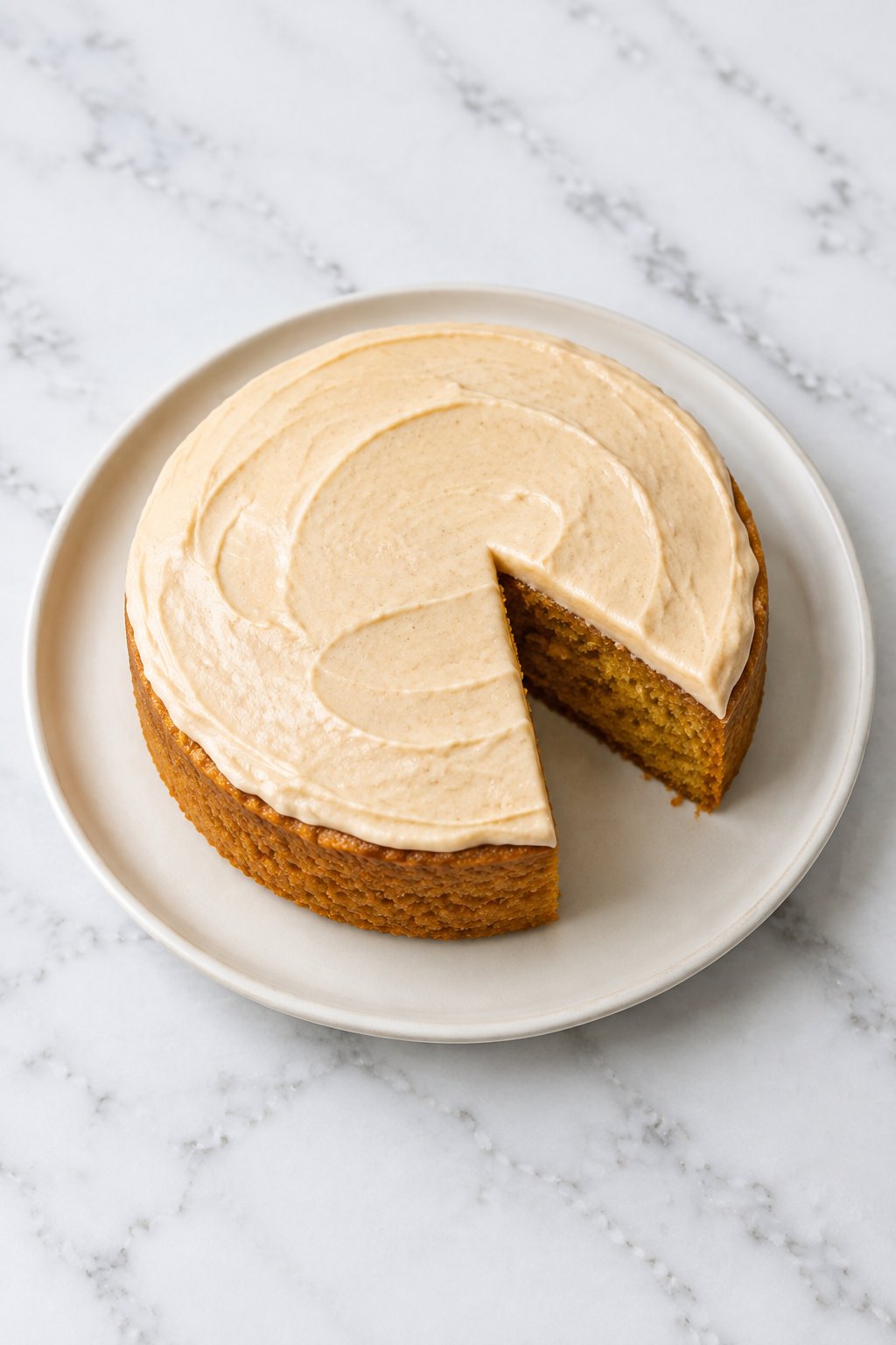 A small homemade peanut butter dog cake with pale yogurt frosting, one slice cut out, on an ivory plate.
