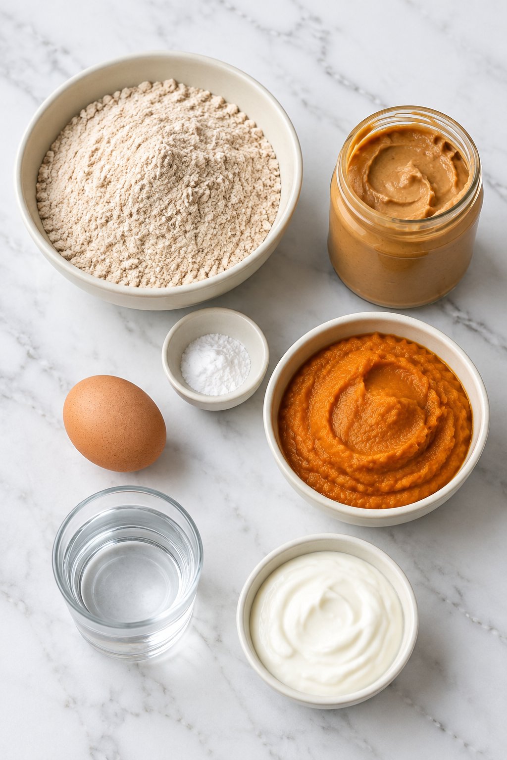 Ingredients for peanut butter dog cake: whole wheat flour, baking soda, peanut butter, pumpkin puree, an egg, water and Greek yogurt.