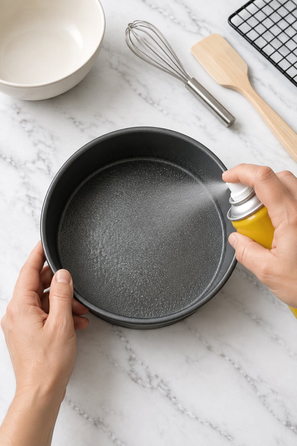Hands spraying an empty round cake pan with cooking spray.