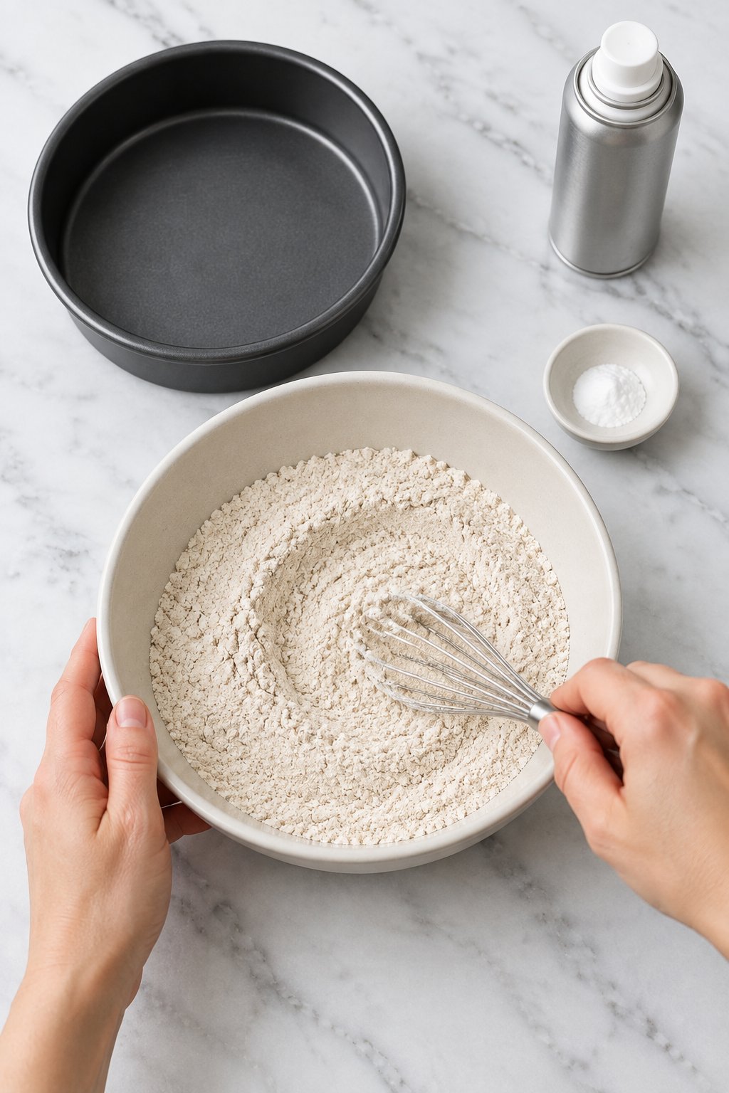 A hand whisking whole wheat flour and baking soda in an ivory bowl.
