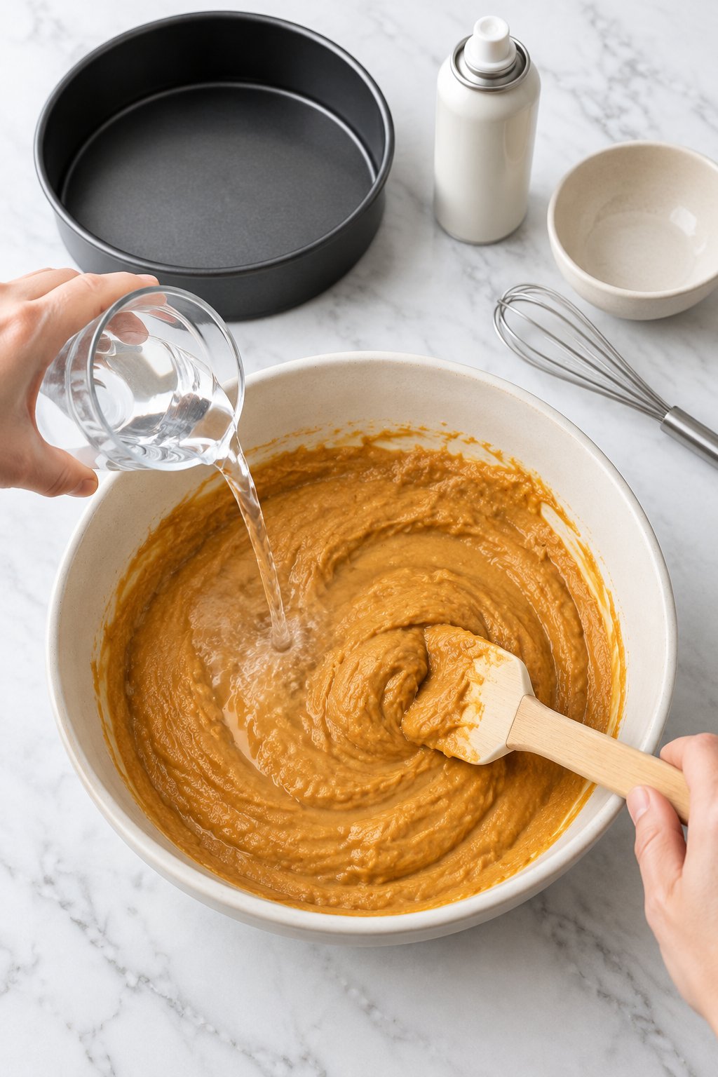 Water being poured into a bowl of peanut butter, pumpkin and egg while it is stirred with a wooden spatula.