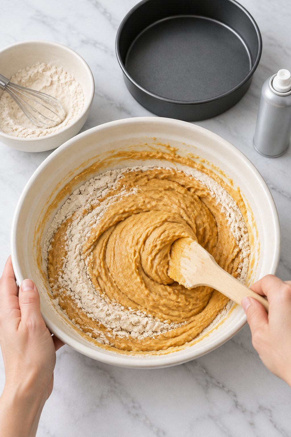 A wooden spatula folding flour into the peanut butter pumpkin batter.