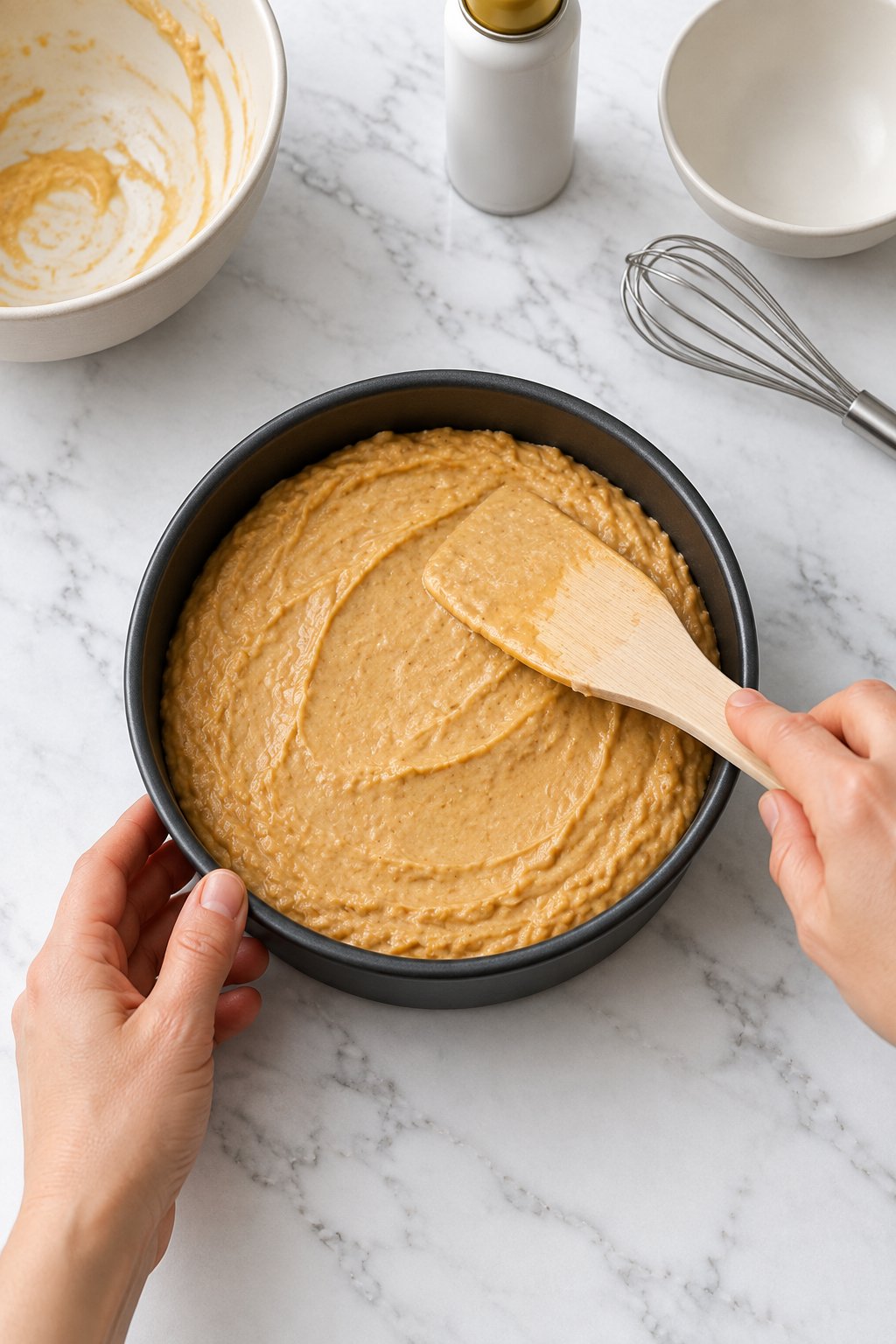 A hand smoothing thick cake batter in a round dark cake pan with a spatula.