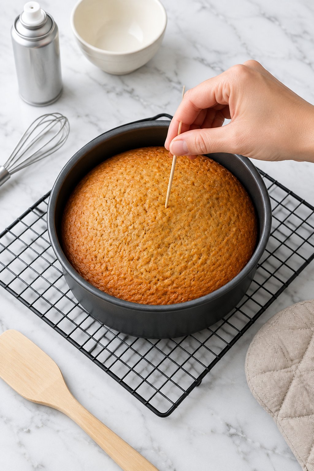 A toothpick being inserted into a freshly baked golden-brown cake in its pan on a wire rack.
