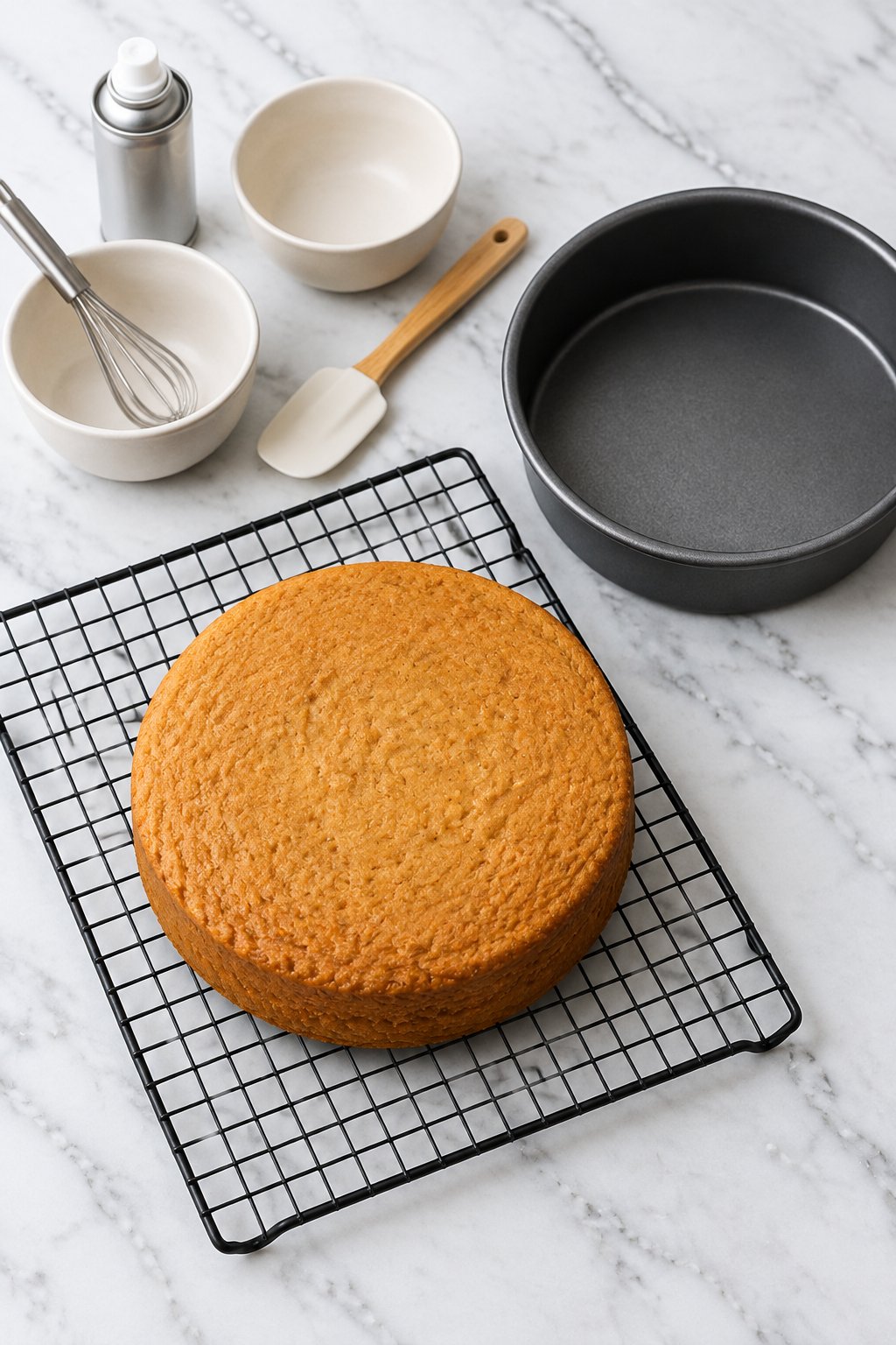 The unfrosted peanut butter dog cake cooling on a wire rack beside its empty pan.
