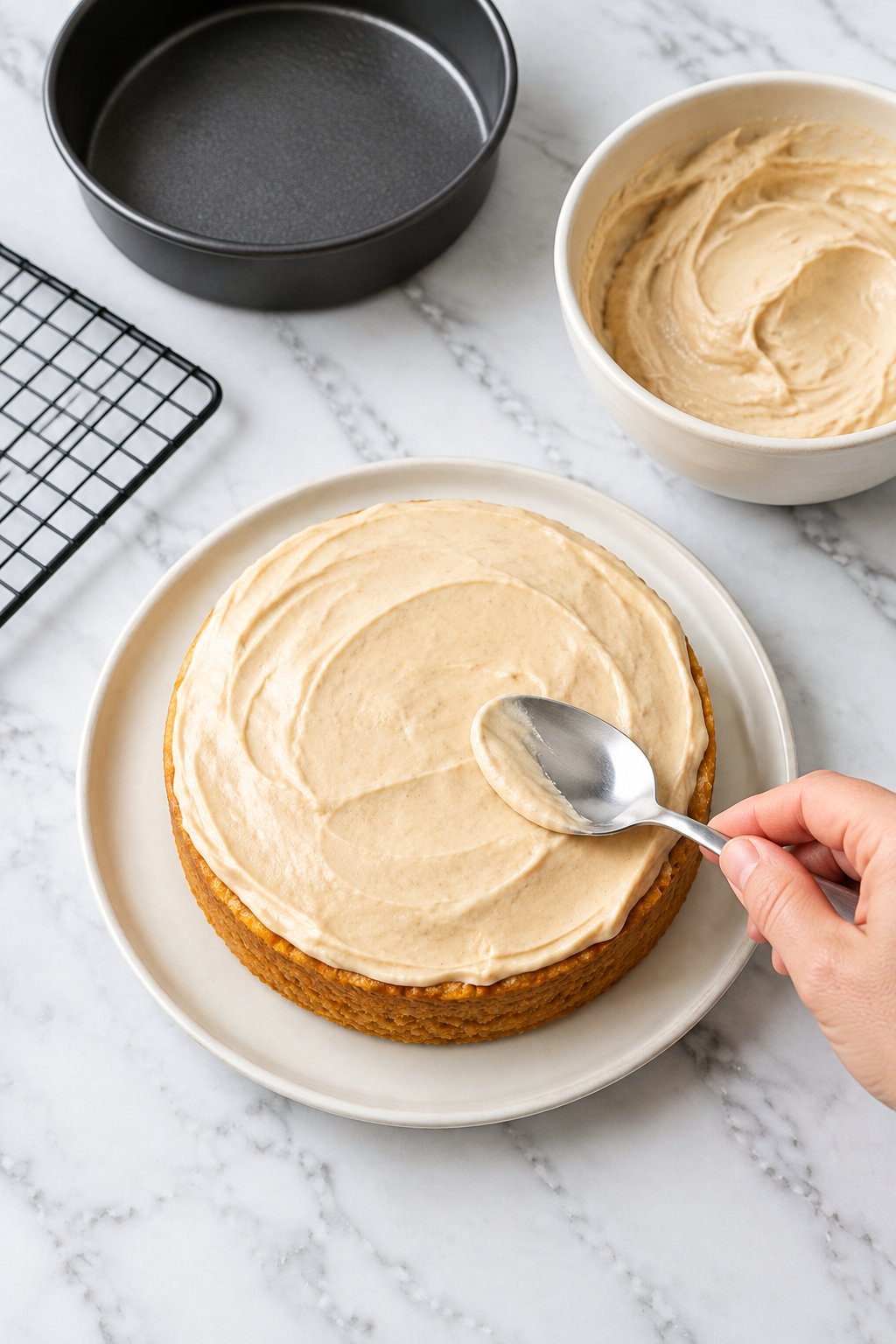 A spoon spreading yogurt and peanut butter frosting over the cooled dog cake.