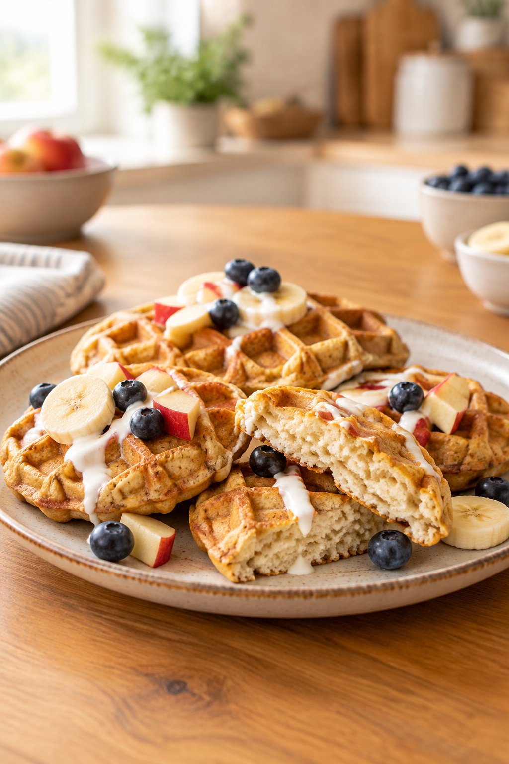 Golden homemade dog waffles with fruit and yogurt on a plate.