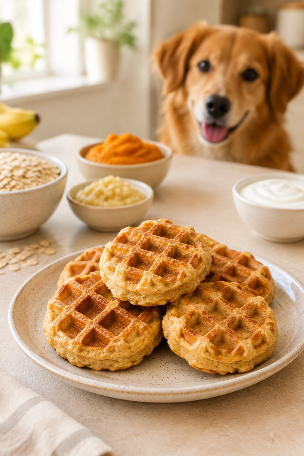 Golden homemade dog waffles on a plate with a dog softly visible in the kitchen background.