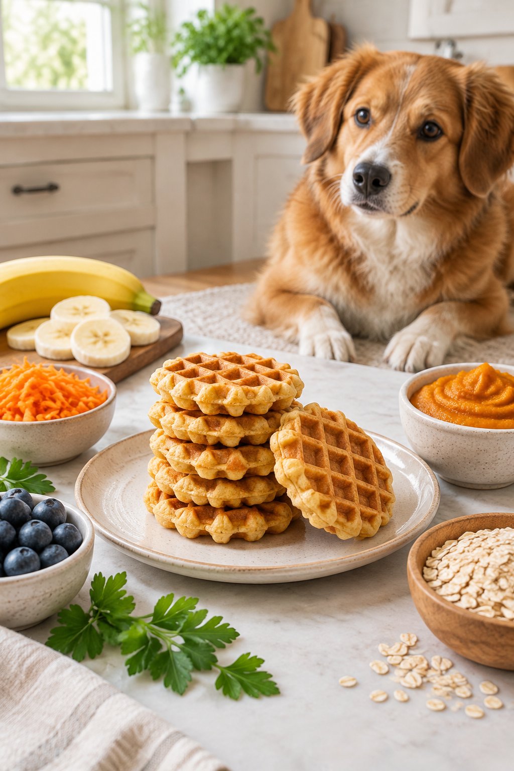 A dog watches a plate of homemade waffles surrounded by dog-safe fruits, vegetables, oats, and pumpkin in a bright kitchen.