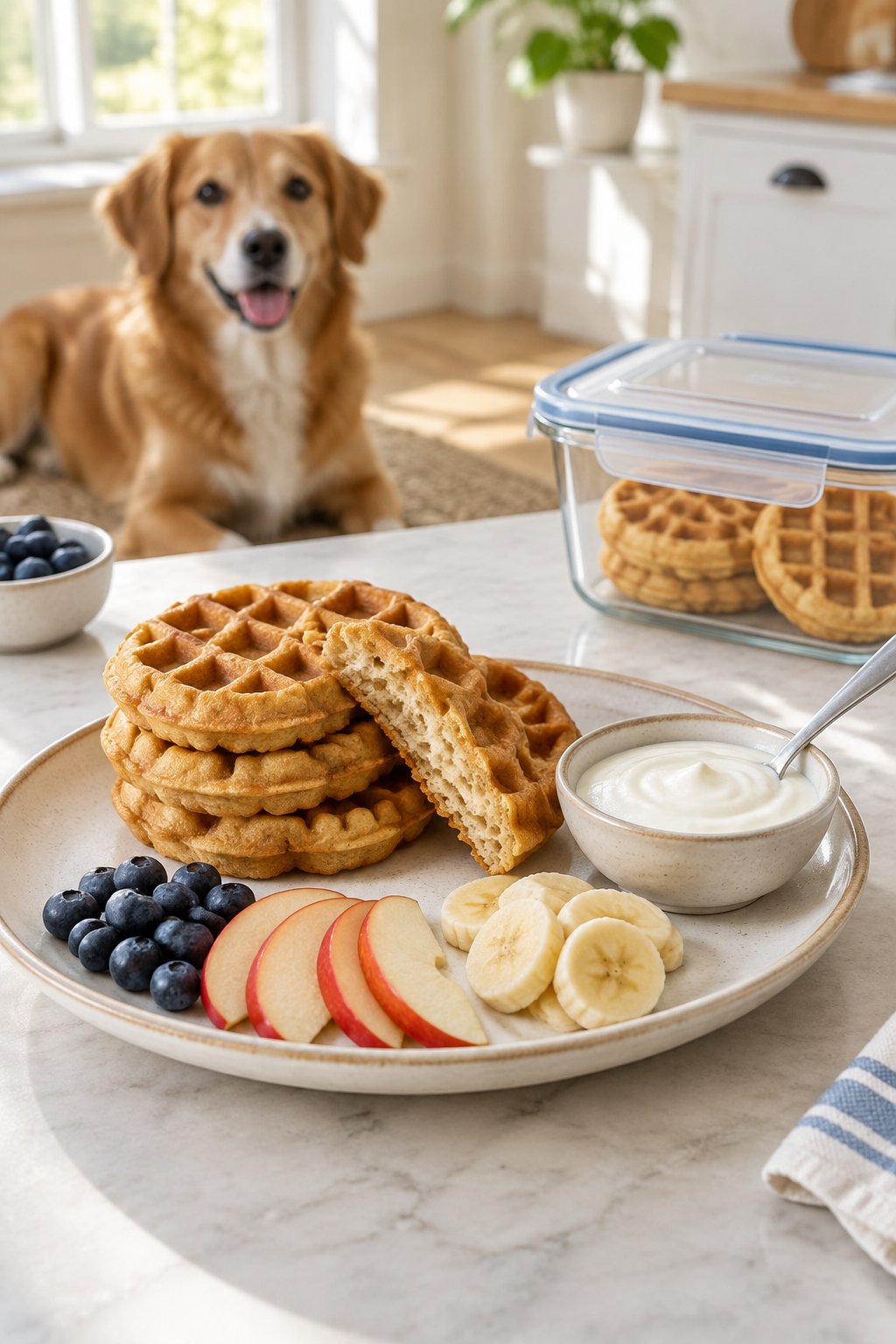 A stack of homemade dog waffles with fruit and yogurt toppings beside a storage container, with a dog in the background.