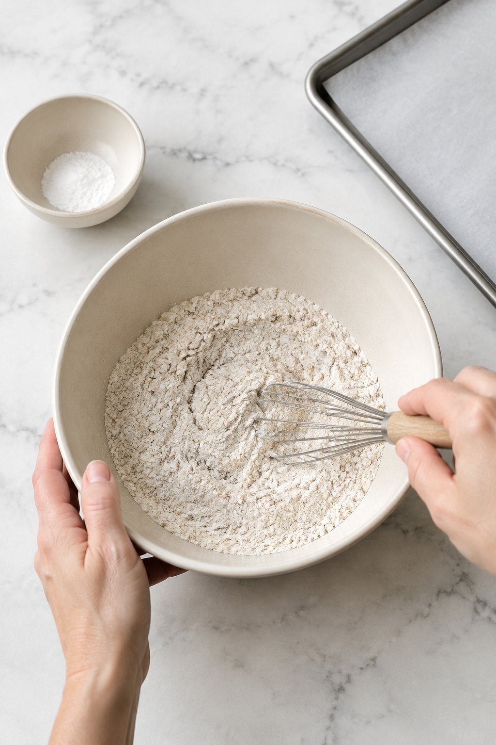 Whisk the oat flour and baking powder in a medium bowl. Fluffy Homemade Dog Waffles for Easy Treats dog treats prepared on a white marble counter with soft natural daylight.