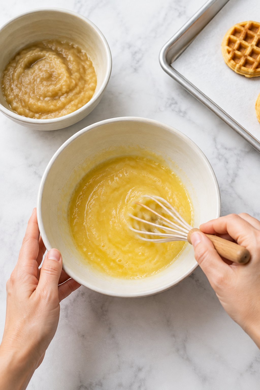 In a second bowl, beat the large egg with the applesauce, melted coconut oil, and 1/4 cup water. Fluffy Homemade Dog Waffles for Easy Treats dog treats prepared on a white marble counter with soft natural daylight.
