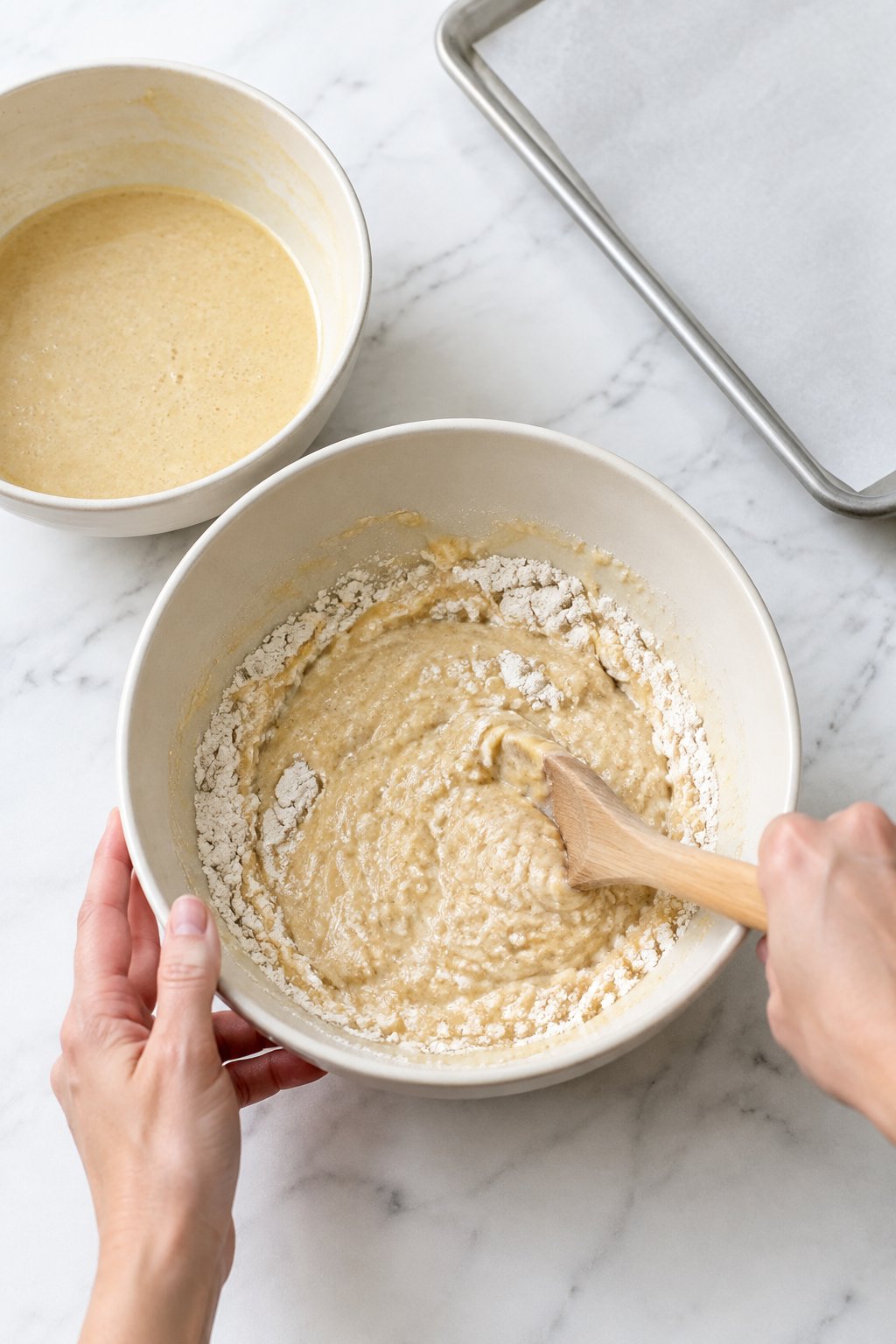 Pour the wet mixture into the dry mixture and stir until combined. Fluffy Homemade Dog Waffles for Easy Treats dog treats prepared on a white marble counter with soft natural daylight.