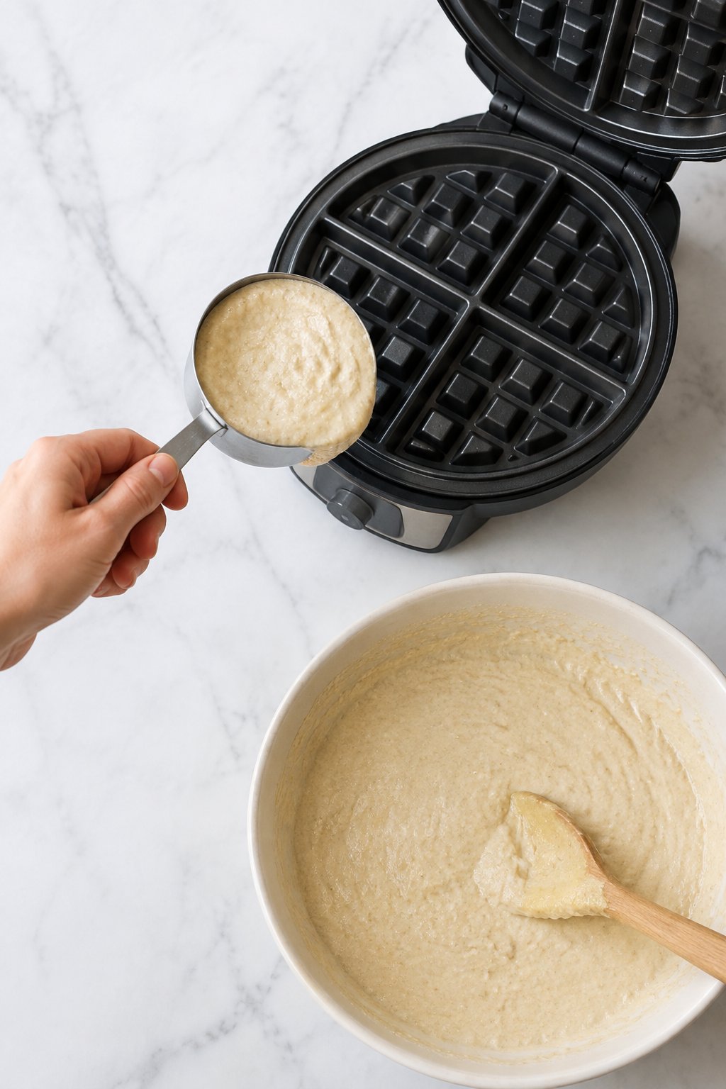 Preheat your waffle maker to 350°F or medium heat. Fluffy Homemade Dog Waffles for Easy Treats dog treats prepared on a white marble counter with soft natural daylight.