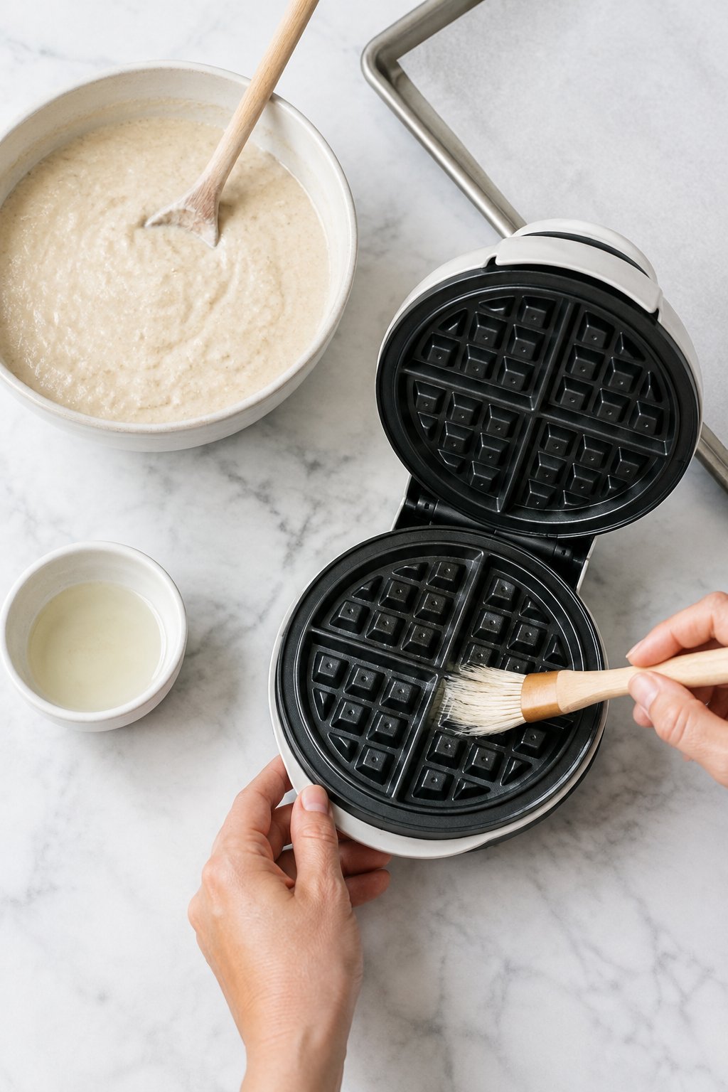 Brush the waffle iron with a thin layer of coconut oil. Fluffy Homemade Dog Waffles for Easy Treats dog treats prepared on a white marble counter with soft natural daylight.