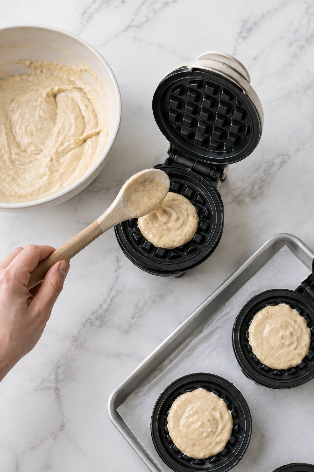 Spoon batter into the center, filling each mini waffle maker cavity about two-thirds full. Fluffy Homemade Dog Waffles for Easy Treats dog treats prepared on a white marble counter with soft natural daylight.