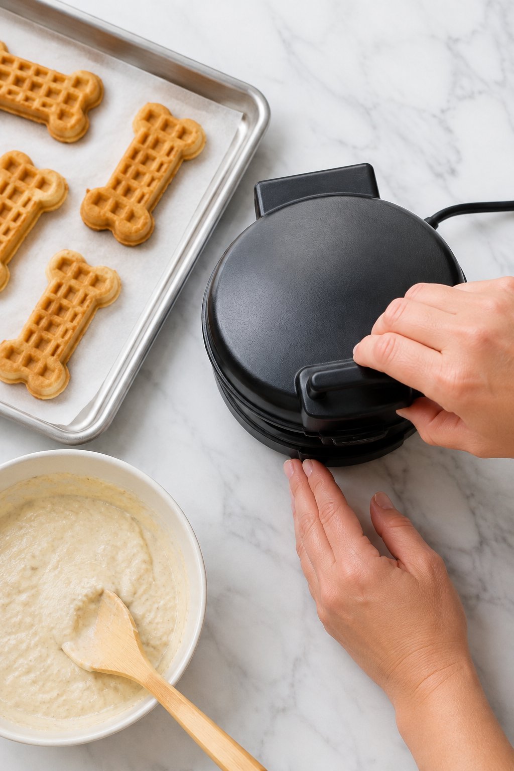 Close the mini waffle iron and cook for 2 to 4 minutes. Fluffy Homemade Dog Waffles for Easy Treats dog treats prepared on a white marble counter with soft natural daylight.