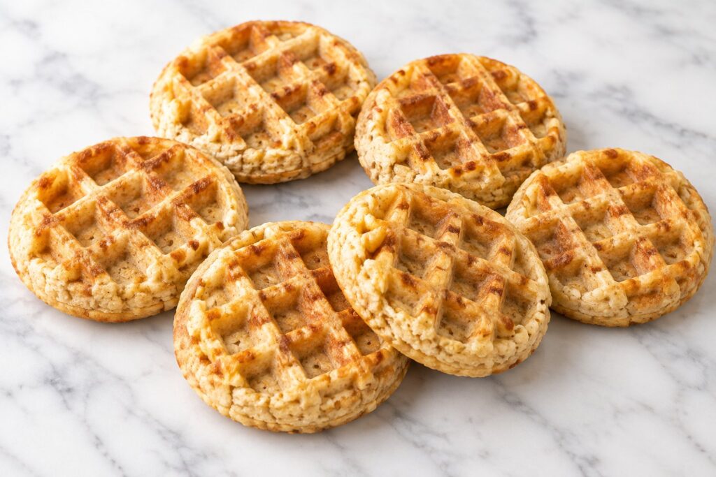 Six round fluffy oat waffles arranged on a white marble tabletop.