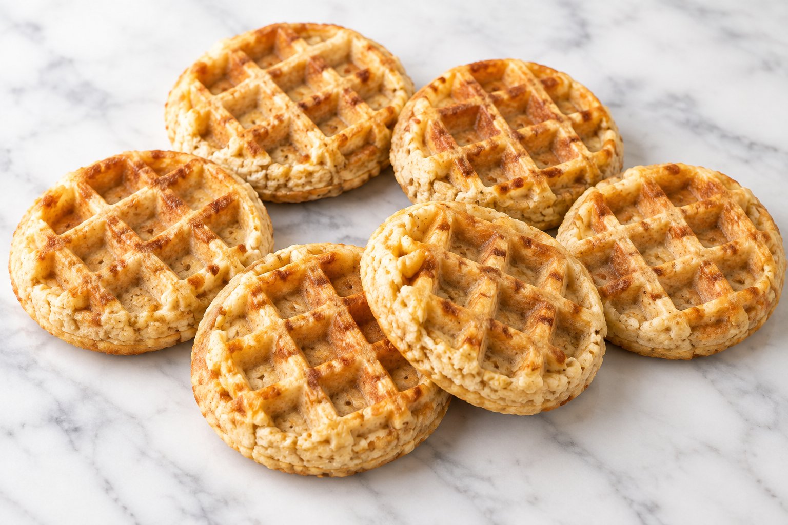 Six round fluffy oat waffles arranged on a white marble tabletop.