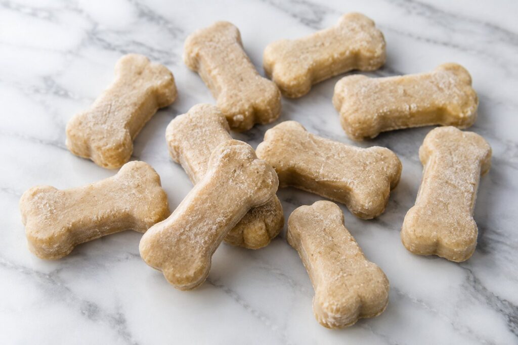 Frozen pale tan bone-shaped peanut butter banana dog treats on white marble.