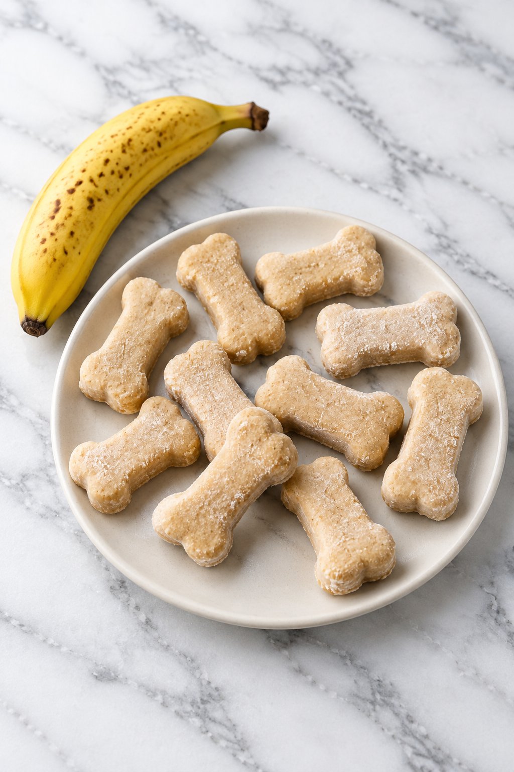 Frozen pale tan bone-shaped peanut butter banana dog treats on an ivory plate beside a banana.