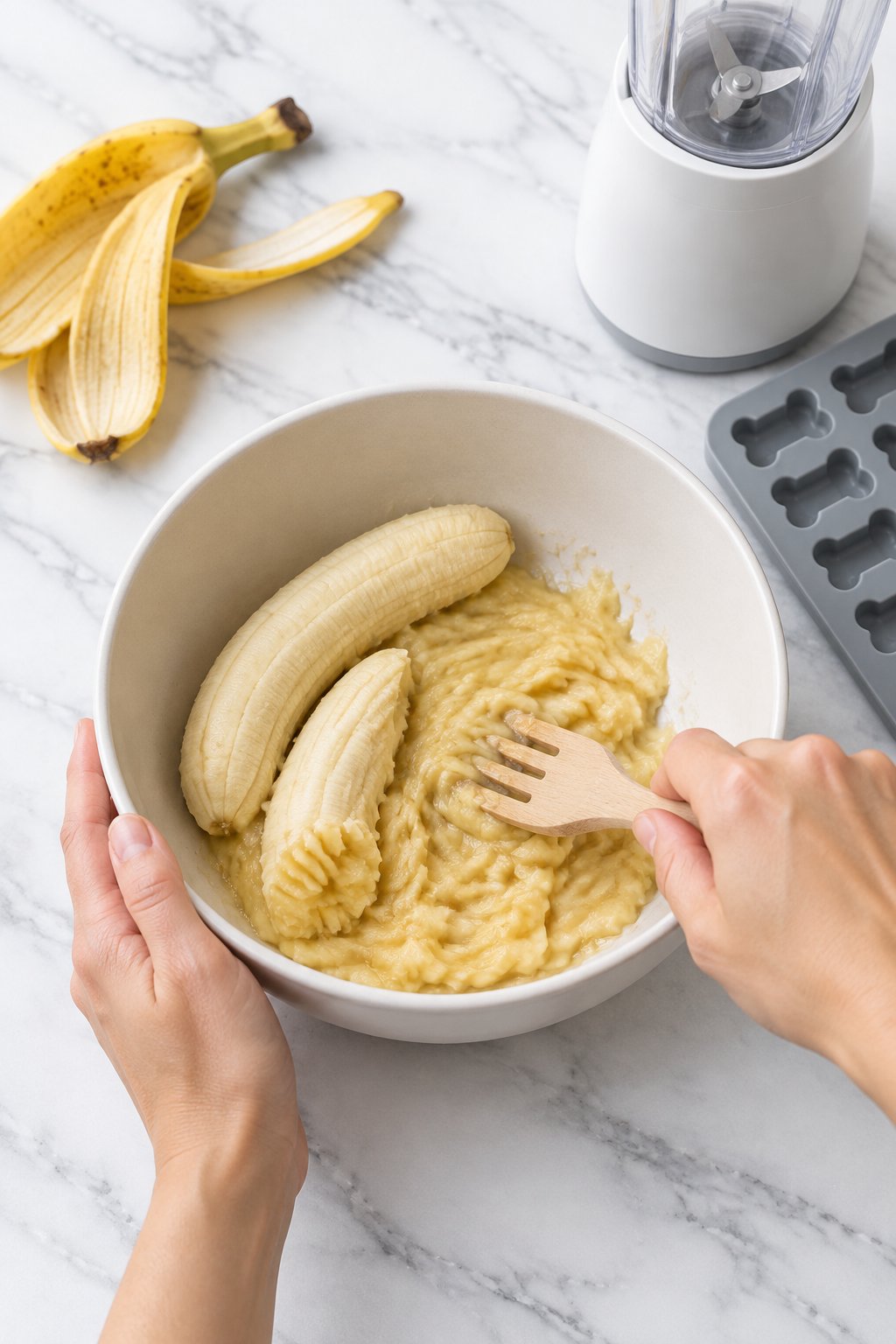 A hand mashing ripe bananas with a wooden fork in an ivory bowl.