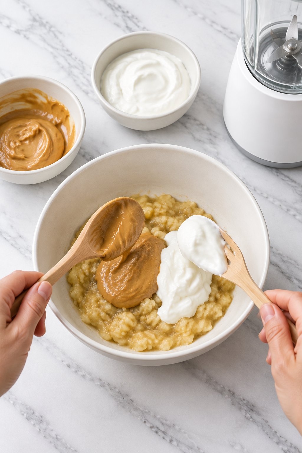 Peanut butter and Greek yogurt being added to mashed banana in a bowl.
