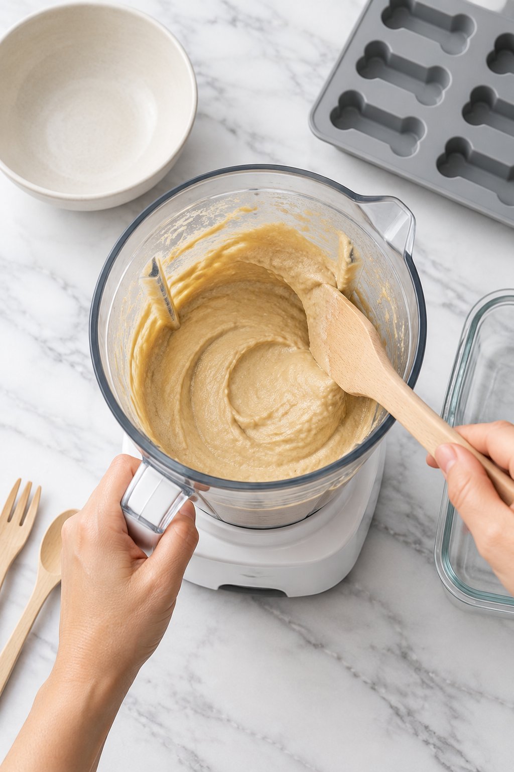 A smooth pale tan peanut butter banana mixture in a blender jar.