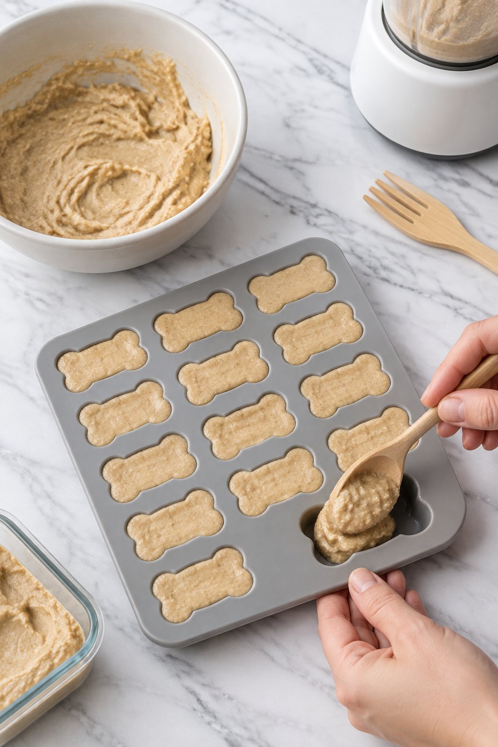 A spoon filling a bone-shaped silicone mold with the peanut butter banana mixture.