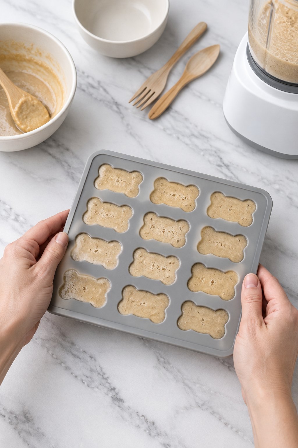 Hands tapping a filled bone-shaped silicone mold on the counter to release air bubbles.