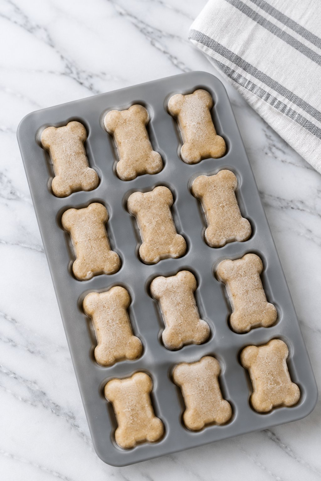 A bone-shaped silicone mold of frozen peanut butter banana treats on the counter.