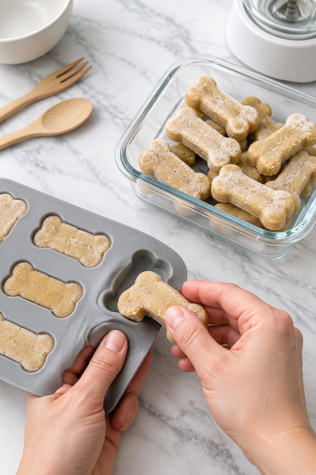 Hands pushing frozen bone-shaped treats out of the silicone mold into a glass container.