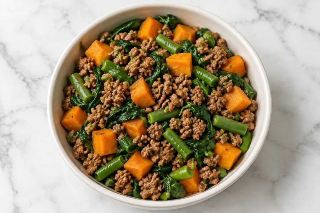 Ground Beef and Sweet Potato Dog Food: A bowl of homemade dog food: crumbled browned lean ground beef mixed with soft orange sweet potato cubes, chopped green beans and wilted spinach.